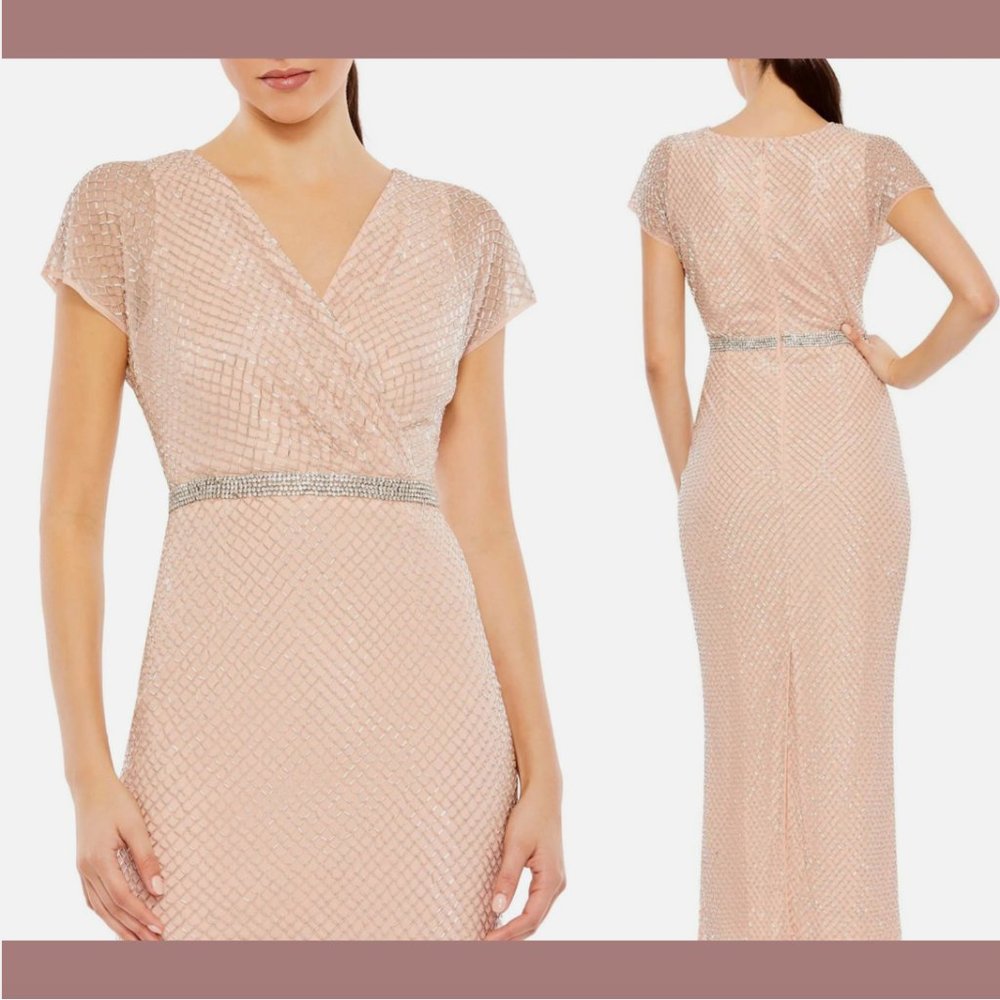 NWT $698 Mac Duggal [ 10‎ ] Beaded Butterfly Sleee Column V-Neck Gown Pink #Q610
